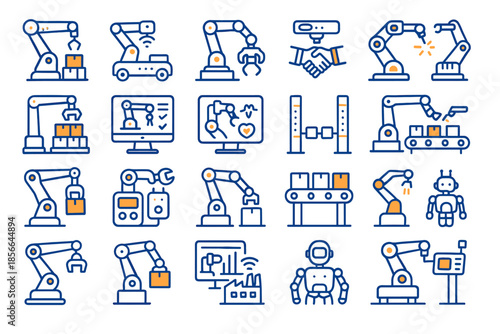 Robots perform various tasks in a factory setting using automation and technology for efficiency and productivity