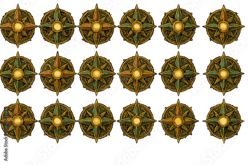 Decorative compass rose designs arranged in a grid pattern on a white background