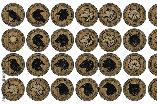 Wooden tokens featuring animal silhouettes arranged in a grid pattern for a game or collectible purpose