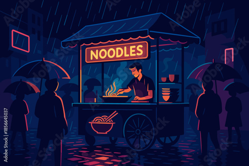 Noodle vendor serves hot food on rainy night in busy street with umbrellas and city buildings