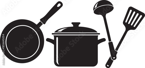 Kitchen cooking utensils and pots for culinary arts