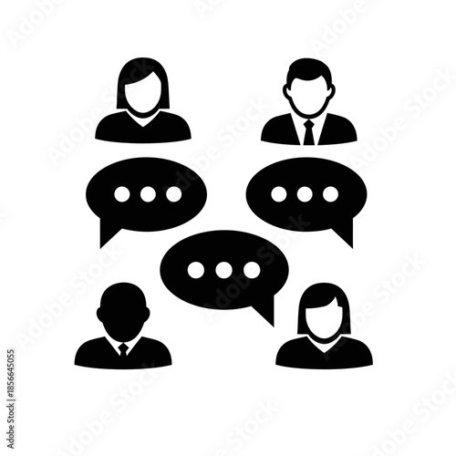 People icons engaging in a group chat or discussion with speech bubbles