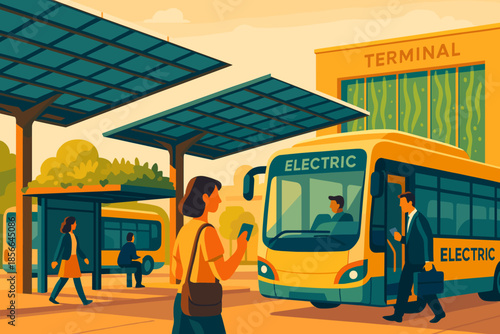 People wait for electric bus at terminal with solar panels on a sunny day in a city setting