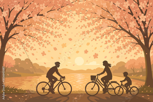 Family rides bicycles near a calm lake during sunset surrounded by flowering trees in springtime