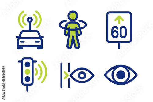 Symbols and signs showing traffic control, navigation, and safety features on a digital display in a city environment