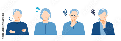 シニア世代の男性と女性が困っている表情イラスト。フラットデザイン。