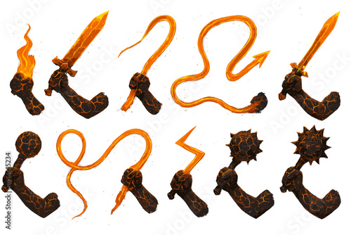 Different types of weapons and elements shown in a creative art style with fiery effects in various poses