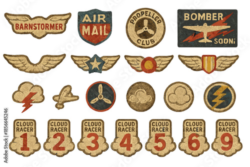 Different patches showing airplane themes like racing, clubs, and air mail with various designs and badges