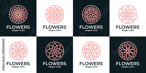 Collections of beauty flower logo. Abstract flower with line style in circle logo design vector illustration
