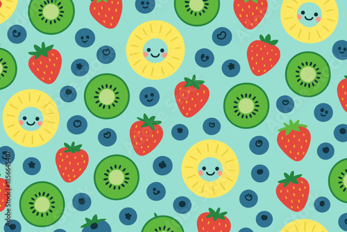 Cute fruit pattern with smiling faces on a light blue background featuring strawberries, kiwi, pineapple, and blueberries