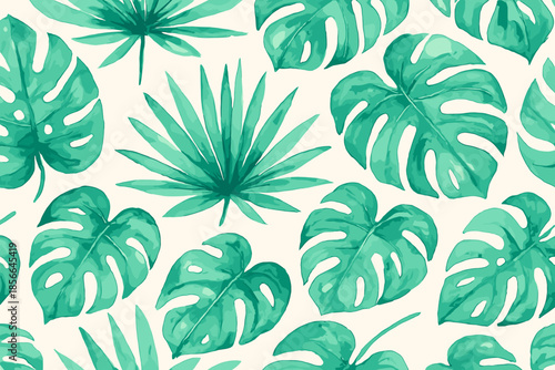 Green leaves create a tropical pattern in a design with various shapes and sizes of foliage on a light background