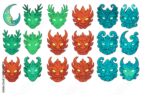 Collection of colorful masks based on nature and elements from a creative design studio