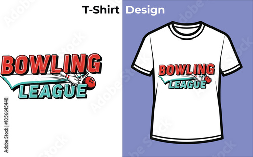 Bowling league typography t-shirt design with pins and ball strike for retro logo, sports team badge, alley game emblem and isolated vector graphic illustration