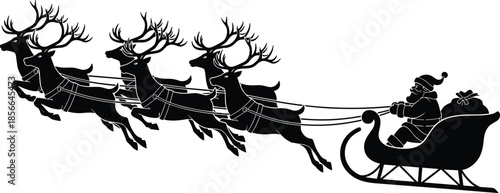 Black silhouette of Santa Claus flying in a sleigh pulled by reindeer, Christmas eve magic, holiday winter celebration, traditional festive seasonal vector.