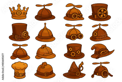 Different styles of hats and headgear with various shapes and designs on a plain background for creative use
