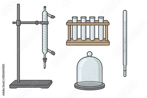 Equipment used for simple science experiments in a classroom or lab setting featuring glassware and tools