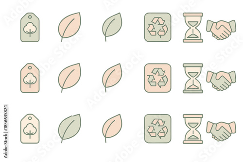 Environmental symbols and icons featuring recycling, nature, and partnership for sustainability initiatives