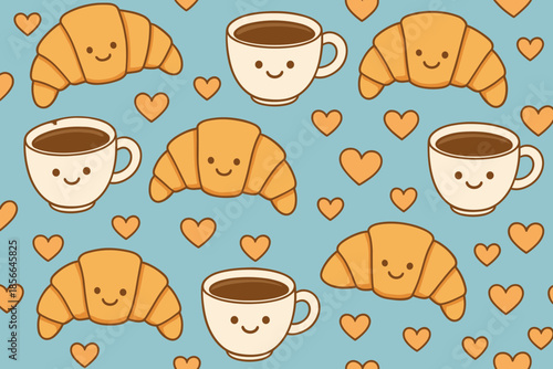 Cute pattern of croissants and coffee cups with smiling faces on a blue background