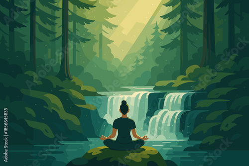 Person sits on rock by waterfall in forest during daytime while practicing meditation and connecting with nature
