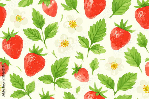 Strawberries and flowers pattern with green leaves on a pale background in a simple design made with watercolor techniques