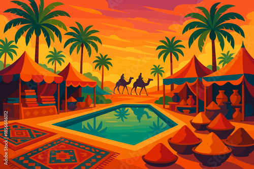 Sunset landscape with camels, tents, and spices in a desert setting near a pool