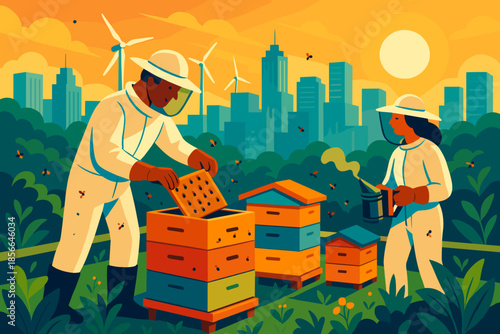 Urban beekeepers work with hives in front of city skyline during sunset with wind turbines in the background