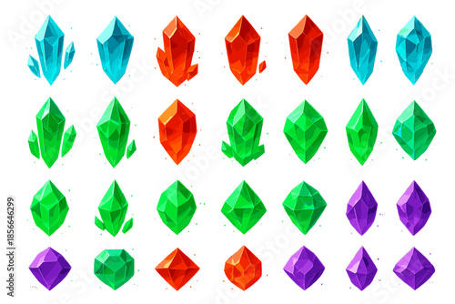 Colorful crystals arranged in rows showing different shapes and shades in bright colors on a white background