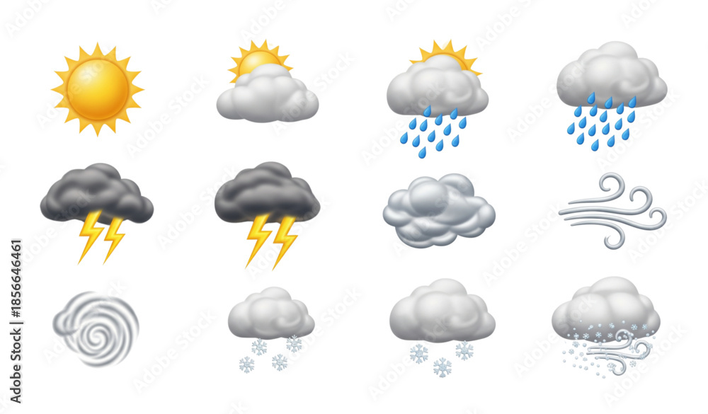 Αυτοκόλλητο Realistic 3D weather forecast icons vector set with sun rain thunder snow and fo