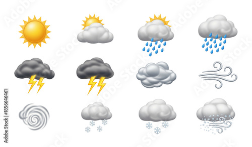 Realistic 3D weather forecast icons vector set with sun rain thunder snow and fog isolated on white background
