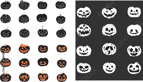 Collection of Carved Halloween Pumpkin Faces.