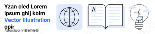 Education, sustainability, technology, communication, innovation, globalization. Globe icon, open book and lightbulb with wind turbine. Education and sustainability in focus