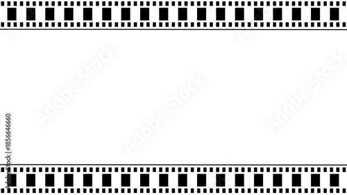 Abstract film strip frame for video or photo content animation. Black color moving film strip animation with classic camera roll on cinematic on white background. 4k video