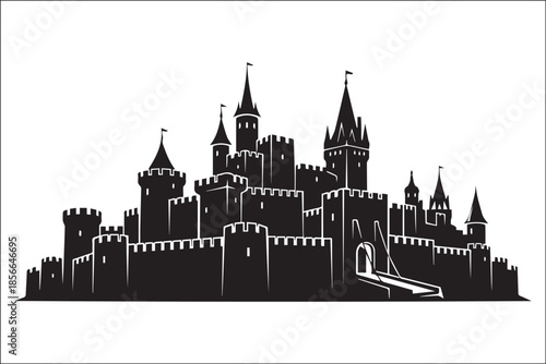 Descriptive: Medieval Castle Silhouette Vector Icon with Drawbridge and Fortified Towers
Usage-Focused: Symmetrical Black Fortress Graphic for Logo, Stencil, and Emblem Design