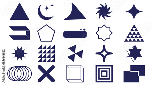 Collection of dark blue geometric shapes and abstract symbols white