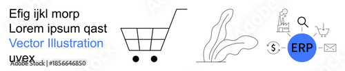 Business management, e-commerce, digital workflows, enterprise planning, retail systems, online transactions. Stylized icons of a shopping cart and ERP software concept. E-commerce and business