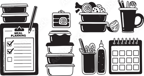 Black and white meal planning illustration set