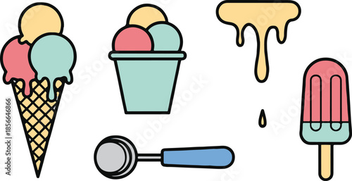 Collection of colorful frozen dessert icons featuring ice cream scoops melting popsicle and a serving utensil representing sweet summer refreshment and treat concepts