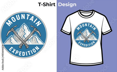 Mountain expedition typography t-shirt design with peak badge for outdoor logo, hiking adventure emblem, travel camping symbol and isolated vector graphic illustration