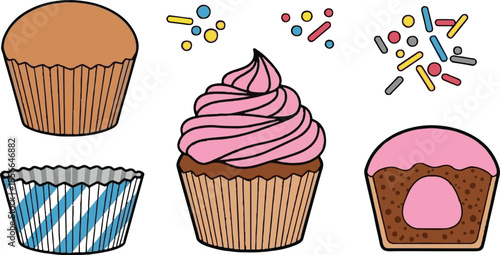 Assortment of whimsical hand drawn cupcake icons showing plain baked goods frosted treats and sweet baking components ready for digital pastry design projects