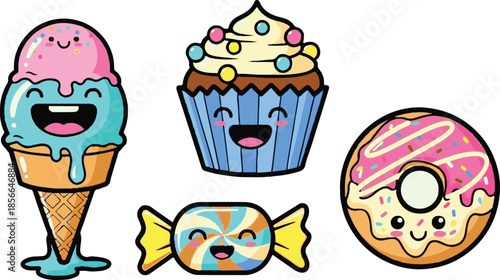 Collection of cute happy cartoon kawaii desserts featuring a dripping ice cream cone a frosted cupcake a swirl lollipop and a glazed donut isolated on black background