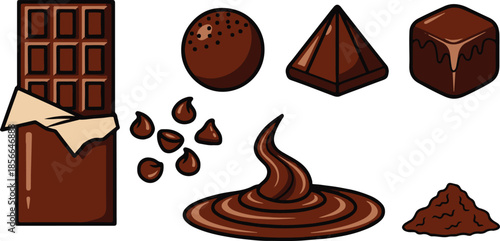 Collection of various delectable rich brown chocolate confections including a partially unwrapped bar melted swirls and cocoa powder for dessert designs
