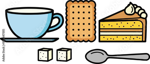 Delicious illustration depicting a pleasant light blue teacup with saucer accompanied by a rectangular biscuit two sugar cubes a small silver spoon and a tempting slice of layered vanilla cake