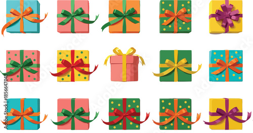 Colorful gift boxes with ribbons, festive present set, cute holiday packaging vector illustration isolated on white background design for celebration