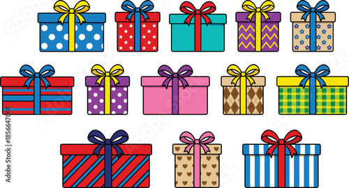 Colorful gift boxes with ribbons, festive wrapping paper patterns, celebration present set, holiday packaging design, birthday surprise, cheerful decoration elements