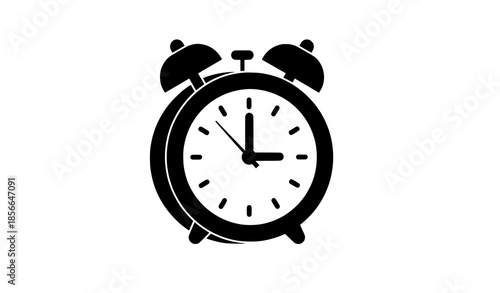 Modern black alarm clock flat vector icon isolated on white background