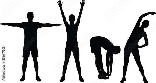 Silhouettes of person doing stretching exercises, warm-up and flexibility poses, black and white fitness illustration, body movement design