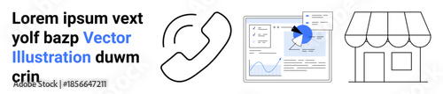 Customer service, data analytics, small business, retail, market insights, communication tools. A phone, analytics dashboard and storefront icon. Customer service and data analytics concept