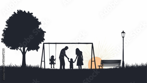 Silhouette of a family enjoying a swing set in a park.