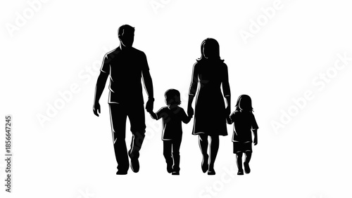 Silhouette of a family walking together holding hands.