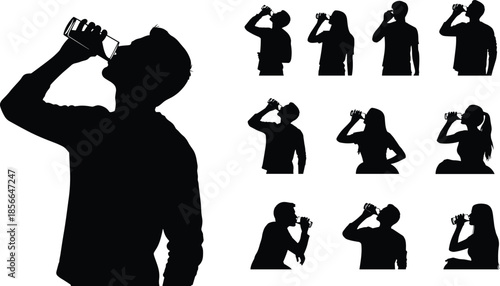 Drinking silhouettes, people with bottles, beverage icons, lifestyle activity, hydration concept, casual poses, human figures, refreshment art, social illustration, health theme
